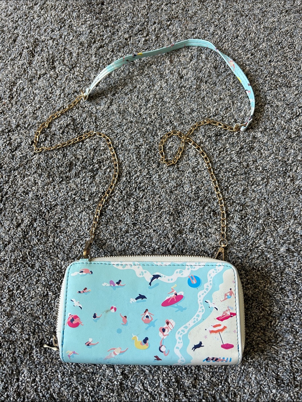 Aqua Beach-Print Crossbody Wallet with Gold Chain